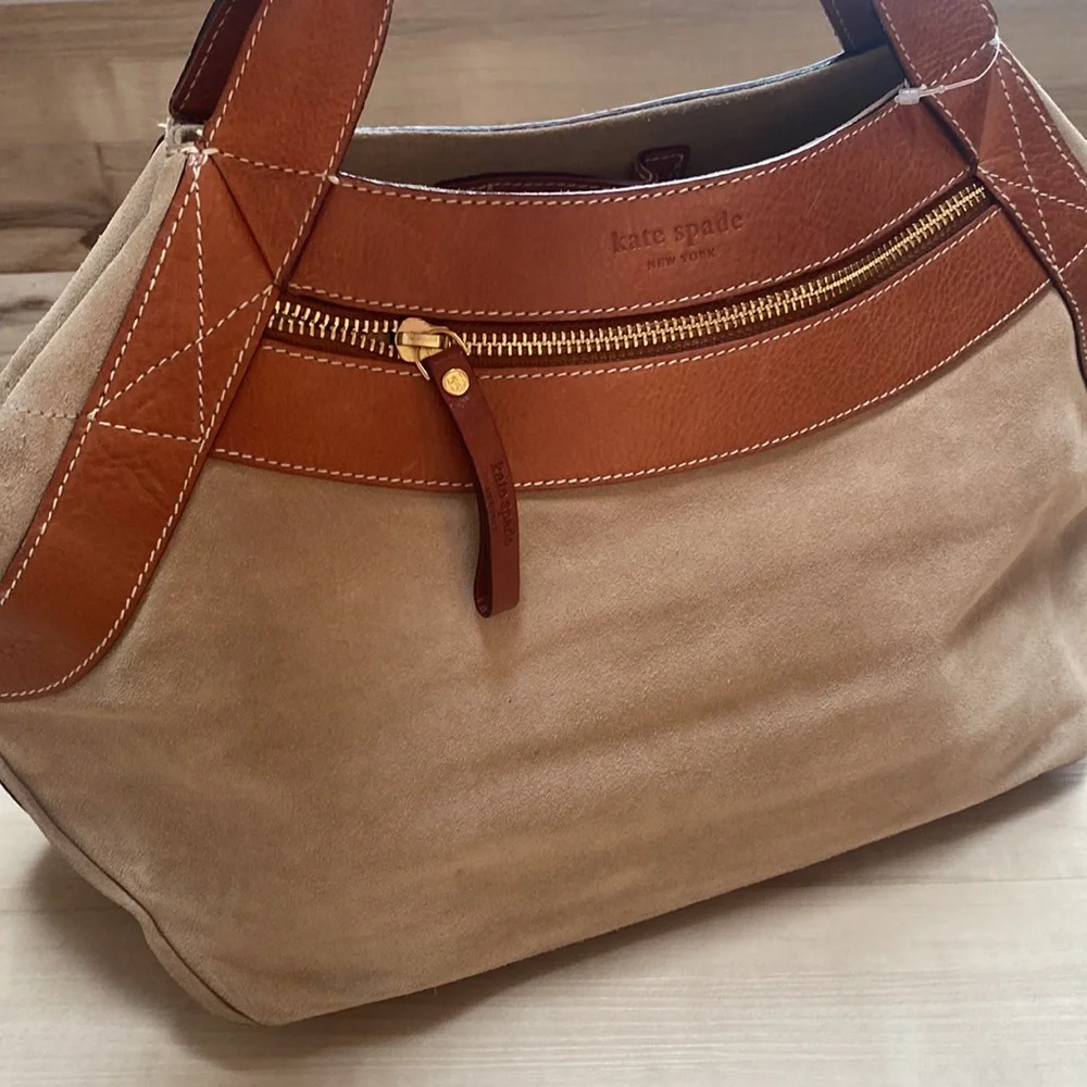 NWOT Kate Spade Tan & Brown Handbag. Tan Suede and Brown Leather.MagneticClosure